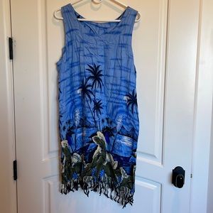 Sleeveless blue and green palm tree dress with fringe bottom size L